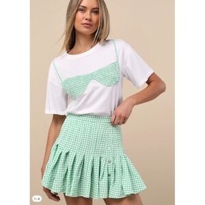 JACQUIE THE LABEL- Natalia Green Gingham Pleated Mini Skirt